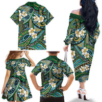 Polynesian Hibiscus Tropical Green Floral Family Matching Off The Shoulder Long Sleeve Dress and Hawaiian Shirt Tribal Pattern - Polynesian Pride