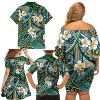 Polynesian Hibiscus Tropical Green Floral Family Matching Off Shoulder Short Dress and Hawaiian Shirt Tribal Pattern - Polynesian Pride
