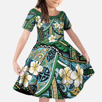 Polynesian Hibiscus Tropical Green Floral Family Matching Short Sleeve Bodycon Dress and Hawaiian Shirt Tribal Pattern - Polynesian Pride