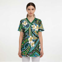 Polynesian Hibiscus Tropical Green Floral Scrub Top Tribal Pattern - Polynesian Pride