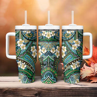 Polynesian Hibiscus Tropical Green Floral Tumbler With Handle Tribal Pattern LT01 - Polynesian Pride