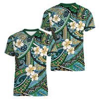 Polynesian Hibiscus Tropical Green Floral Women V-Neck T-Shirt Tribal Pattern - Polynesian Pride