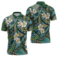 Polynesian Hibiscus Tropical Green Floral Zipper Polo Shirt Tribal Pattern - Polynesian Pride