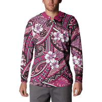 Polynesian Hibiscus Tropical Pink Floral Button Sweatshirt Tribal Pattern - Polynesian Pride