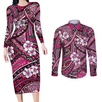 Polynesian Hibiscus Tropical Pink Floral Couples Matching Long Sleeve Bodycon Dress and Long Sleeve Button Shirt Tribal Pattern - Polynesian Pride