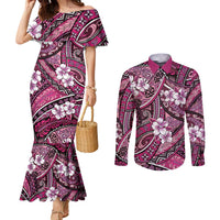 Polynesian Hibiscus Tropical Pink Floral Couples Matching Mermaid Dress and Long Sleeve Button Shirt Tribal Pattern - Polynesian Pride