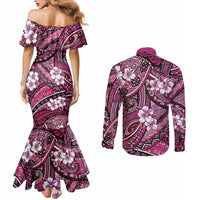 Polynesian Hibiscus Tropical Pink Floral Couples Matching Mermaid Dress and Long Sleeve Button Shirt Tribal Pattern - Polynesian Pride