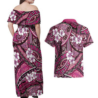 Polynesian Hibiscus Tropical Pink Floral Couples Matching Off Shoulder Maxi Dress and Hawaiian Shirt Tribal Pattern - Polynesian Pride
