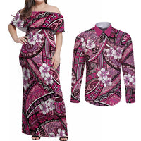 Polynesian Hibiscus Tropical Pink Floral Couples Matching Off Shoulder Maxi Dress and Long Sleeve Button Shirt Tribal Pattern - Polynesian Pride