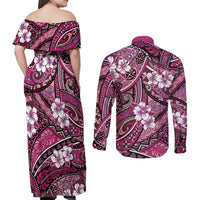 Polynesian Hibiscus Tropical Pink Floral Couples Matching Off Shoulder Maxi Dress and Long Sleeve Button Shirt Tribal Pattern - Polynesian Pride