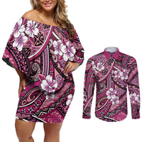 Polynesian Hibiscus Tropical Pink Floral Couples Matching Off Shoulder Short Dress and Long Sleeve Button Shirt Tribal Pattern - Polynesian Pride