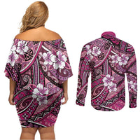 Polynesian Hibiscus Tropical Pink Floral Couples Matching Off Shoulder Short Dress and Long Sleeve Button Shirt Tribal Pattern - Polynesian Pride