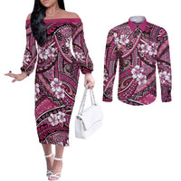 Polynesian Hibiscus Tropical Pink Floral Couples Matching Off The Shoulder Long Sleeve Dress and Long Sleeve Button Shirt Tribal Pattern - Polynesian Pride