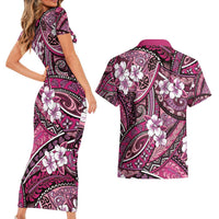 Polynesian Hibiscus Tropical Pink Floral Couples Matching Short Sleeve Bodycon Dress and Hawaiian Shirt Tribal Pattern LT01 - Polynesian Pride