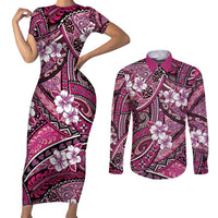 Polynesian Hibiscus Tropical Pink Floral Couples Matching Short Sleeve Bodycon Dress and Long Sleeve Button Shirt Tribal Pattern - Polynesian Pride