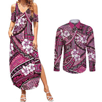 Polynesian Hibiscus Tropical Pink Floral Couples Matching Summer Maxi Dress and Long Sleeve Button Shirt Tribal Pattern - Polynesian Pride