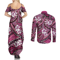 Polynesian Hibiscus Tropical Pink Floral Couples Matching Summer Maxi Dress and Long Sleeve Button Shirt Tribal Pattern - Polynesian Pride