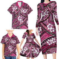 Polynesian Hibiscus Tropical Pink Floral Family Matching Long Sleeve Bodycon Dress and Hawaiian Shirt Tribal Pattern - Polynesian Pride