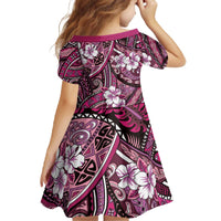 Polynesian Hibiscus Tropical Pink Floral Family Matching Off The Shoulder Long Sleeve Dress and Hawaiian Shirt Tribal Pattern - Polynesian Pride