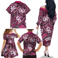 Polynesian Hibiscus Tropical Pink Floral Family Matching Off The Shoulder Long Sleeve Dress and Hawaiian Shirt Tribal Pattern - Polynesian Pride