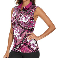 Polynesian Hibiscus Tropical Pink Floral Women Sleeveless Polo Shirt Tribal Pattern - Polynesian Pride