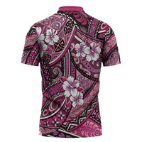 Polynesian Hibiscus Tropical Pink Floral Zipper Polo Shirt Tribal Pattern - Polynesian Pride