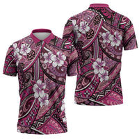 Polynesian Hibiscus Tropical Pink Floral Zipper Polo Shirt Tribal Pattern - Polynesian Pride