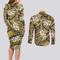 Polynesian Hibiscus Tropical Yellow Floral Couples Matching Long Sleeve Bodycon Dress and Long Sleeve Button Shirt Tribal Pattern LT01 - Polynesian Pride