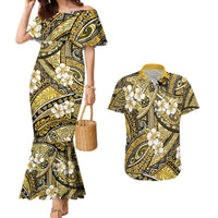 Polynesian Hibiscus Tropical Yellow Floral Couples Matching Mermaid Dress and Hawaiian Shirt Tribal Pattern - Polynesian Pride