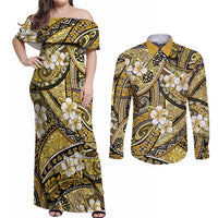 Polynesian Hibiscus Tropical Yellow Floral Couples Matching Off Shoulder Maxi Dress and Long Sleeve Button Shirt Tribal Pattern - Polynesian Pride