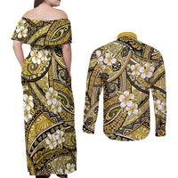 Polynesian Hibiscus Tropical Yellow Floral Couples Matching Off Shoulder Maxi Dress and Long Sleeve Button Shirt Tribal Pattern - Polynesian Pride