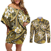 Polynesian Hibiscus Tropical Yellow Floral Couples Matching Off Shoulder Short Dress and Long Sleeve Button Shirt Tribal Pattern - Polynesian Pride