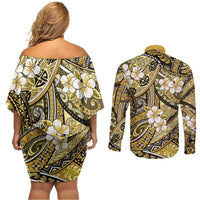 Polynesian Hibiscus Tropical Yellow Floral Couples Matching Off Shoulder Short Dress and Long Sleeve Button Shirt Tribal Pattern - Polynesian Pride