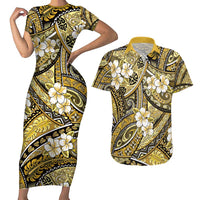 Polynesian Hibiscus Tropical Yellow Floral Couples Matching Short Sleeve Bodycon Dress and Hawaiian Shirt Tribal Pattern - Polynesian Pride