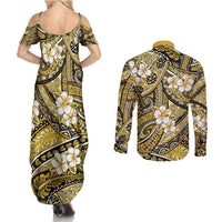 Polynesian Hibiscus Tropical Yellow Floral Couples Matching Summer Maxi Dress and Long Sleeve Button Shirt Tribal Pattern - Polynesian Pride