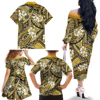 Polynesian Hibiscus Tropical Yellow Floral Family Matching Off The Shoulder Long Sleeve Dress and Hawaiian Shirt Tribal Pattern - Polynesian Pride