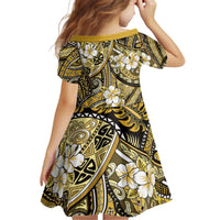 Polynesian Hibiscus Tropical Yellow Floral Kid Short Sleeve Dress Tribal Pattern - Polynesian Pride