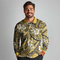 Polynesian Hibiscus Tropical Yellow Floral Long Sleeve Polo Shirt Tribal Pattern - Polynesian Pride