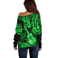 Hawaii Ukulele Off Shoulder Sweater Polynesian Pattern Green Version LT01 - Polynesian Pride