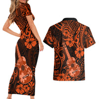 Hawaii Ukulele Couples Matching Short Sleeve Bodycon Dress and Hawaiian Shirt Polynesian Pattern Orange Version LT01 - Polynesian Pride