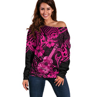 Hawaii Ukulele Off Shoulder Sweater Polynesian Pattern Pink Version LT01 Women Pink - Polynesian Pride