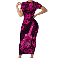 Hawaii Ukulele Short Sleeve Bodycon Dress Polynesian Pattern Pink Version LT01 Long Dress Pink - Polynesian Pride