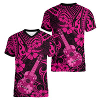 Hawaii Ukulele Women V Neck T Shirt Polynesian Pattern Pink Version LT01 - Polynesian Pride