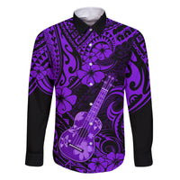 Hawaii Ukulele Family Matching Tank Maxi Dress and Hawaiian Shirt Polynesian Pattern Purple Version LT01 Dad's Shirt - Long Sleeve Purple - Polynesian Pride