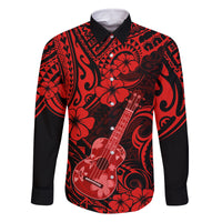 Hawaii Ukulele Family Matching Long Sleeve Bodycon Dress and Hawaiian Shirt Polynesian Pattern Red Version LT01 Dad's Shirt - Long Sleeve Red - Polynesian Pride
