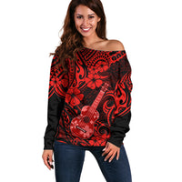Hawaii Ukulele Off Shoulder Sweater Polynesian Pattern Red Version LT01 Women Red - Polynesian Pride