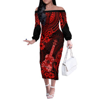 Hawaii Ukulele Off The Shoulder Long Sleeve Dress Polynesian Pattern Red Version LT01 Women Red - Polynesian Pride