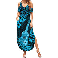 Hawaii Ukulele Family Matching Summer Maxi Dress and Hawaiian Shirt Polynesian Pattern Sky Blue Version LT01 Mom's Dress Blue - Polynesian Pride