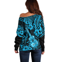 Hawaii Ukulele Off Shoulder Sweater Polynesian Pattern Sky Blue Version LT01 - Polynesian Pride