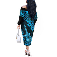 Hawaii Ukulele Off The Shoulder Long Sleeve Dress Polynesian Pattern Sky Blue Version LT01 - Polynesian Pride